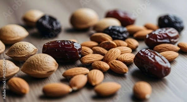 Obraz A close up shot of almonds dates and other nuts scattered on a wooden surface in soft natural light