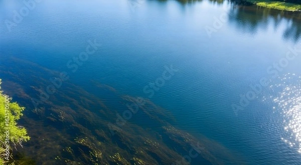 Obraz Aerial view of a calm river with submerged plants and trees reflecting on the water surface