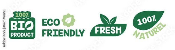 Obraz Set of eco-friendly bio product labels and green badges with text like "100% Natural", "Fresh", "Eco Friendly" for organic, sustainable product packaging.
