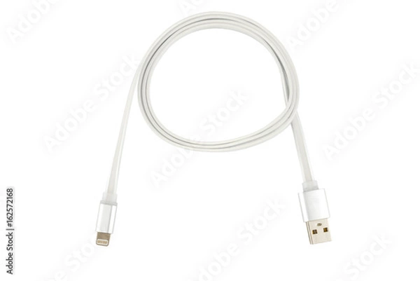 Fototapeta White usb cable for iPhone or iPad. Twisted in a ring, on a white isolated background. Horizontal frame