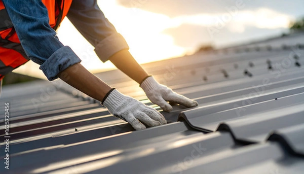 Obraz Skilled roofer in a safety vest and gloves working on the installation of a new corrugated metal roof on a residential house at sunset.