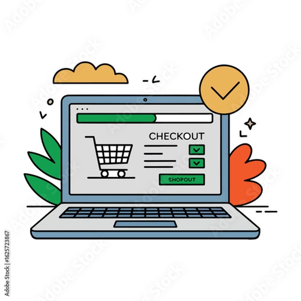 Fototapeta Online Shopping Checkout Process Illustration Modern Laptop Design Featuring Shopping Cart and Payment Options for Seamless E commerce Experience
