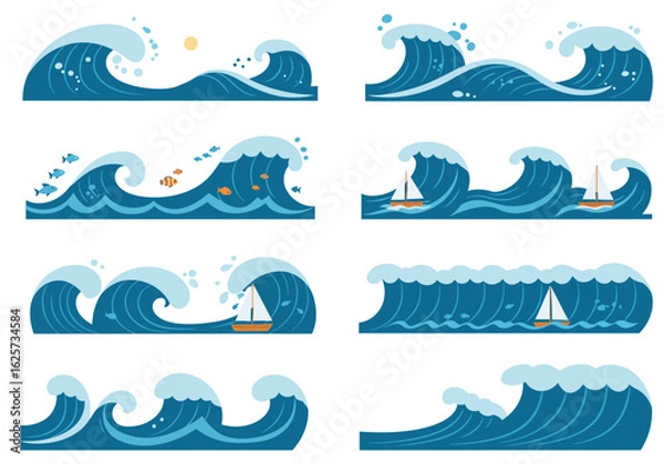Fototapeta Collection of stylized ocean waves with boats and fish.