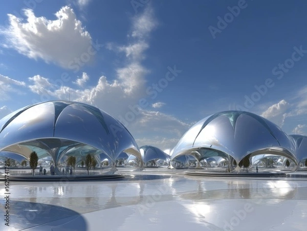 Obraz Futuristic Architectural Landscape with Sleek Curved Structures and Blue Sky Reflecting in Modern Design Elements