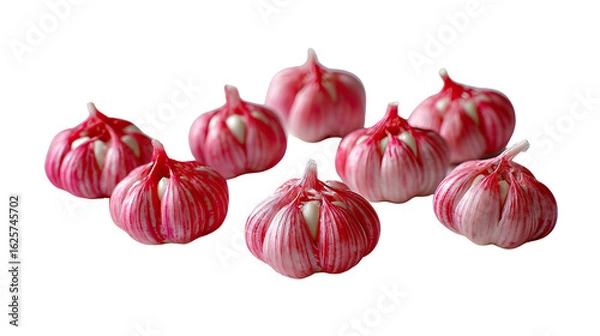 Fototapeta Vibrant Garlic: A close-up shot of several bulb of garlic with striking red hues. These healthy bulbs are ready to infuse dishes with their aromatic and pungent essence.