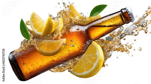 Fototapeta Lemon Beer Explosion: A refreshing beer bottle bursting with invigorating lemon wedges and a cascade of effervescent droplets. Capturing the essence of refreshment and thirst-quenching allure.