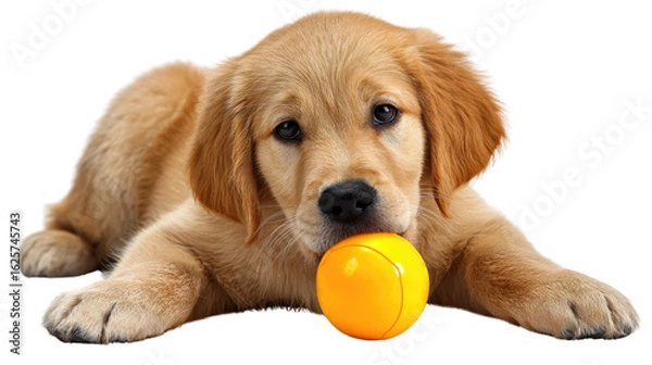 Fototapeta Playful Pup: A golden retriever puppy playfully clutches an orange ball, showcasing its adorable features and capturing the essence of puppyhood joy and innocence.