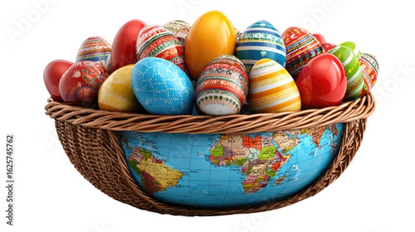 Fototapeta Easter Eggs' Globe Display: A vibrant collection of painted eggs overflows a woven basket resting atop a globe, blending festive cheer with a global perspective, a symbol of renewal and unity.