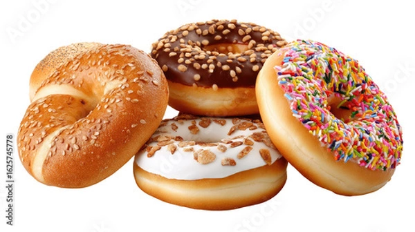 Fototapeta Delectable Doughnuts: A quartet of freshly baked doughnuts beckons with their colorful icing, delicious toppings, each treat a tempting indulgence for any sweet tooth. 