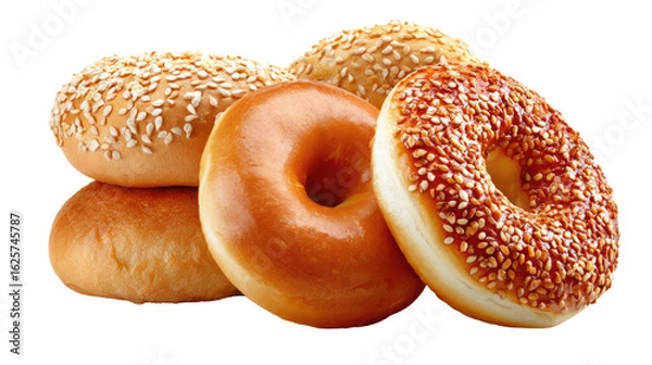Fototapeta Donuts and Bagels Delight: An array of fresh, golden donuts and bagels, each a masterpiece of baking, showcasing their varied textures and inviting flavors, ready to entice taste buds.