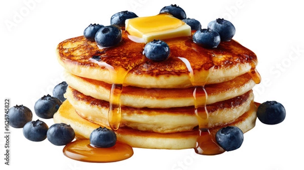 Fototapeta Stacked Pancakes: A close-up shot of a stack of freshly made pancakes, drizzled with golden syrup, blueberries, and a pat of butter, creating a mouthwatering display of a delicious treat.