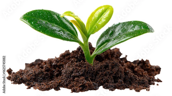 Fototapeta Emerging Seedling's Start: A close-up view of a vibrant green seedling emerging from a mound of rich soil, symbolizing new beginnings and the potential for growth.