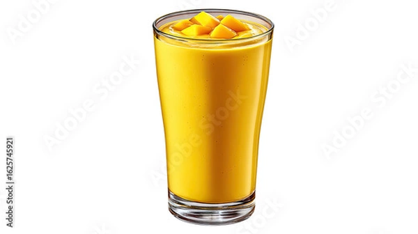 Fototapeta Tropical Mango Smoothie: A vibrant glass filled with a luscious mango smoothie, garnished with diced fresh mango pieces. This image captures the essence of tropical refreshment and pure.