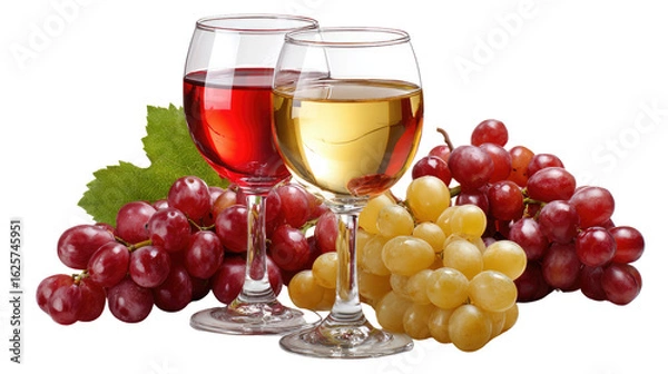 Fototapeta Elegant Wine Pairing: Two glasses of wine, one ruby-red and the other golden-hued, stand side-by-side, surrounded by clusters of fresh, ripe grapes.