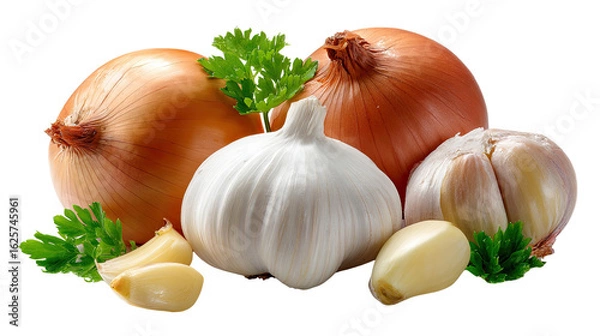 Fototapeta Fresh Onion and Garlic: A vibrant culinary arrangement of whole onions and fresh garlic, complemented by delicate sprigs, perfect for visual appeal, ready to season the best meals.