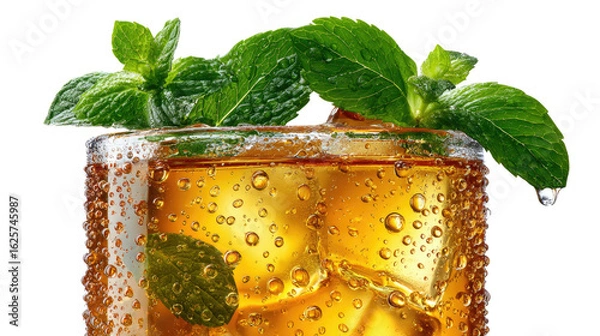 Fototapeta Refreshing Iced Tea with Mint: A close-up shot of an invigorating iced tea, adorned with sprigs of fresh mint and glistening ice cubes, offers a cool, inviting sensation
