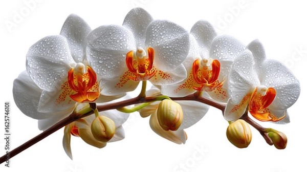 Fototapeta Elegant Orchid Display: An enchanting display of pristine, white orchids, each bloom delicately adorned with dew, showcases natural beauty and serenity.
