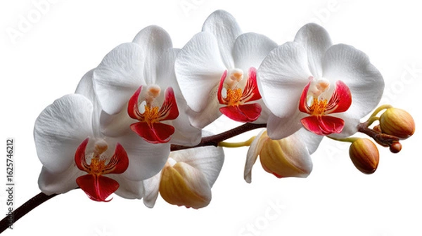 Fototapeta Elegant Orchid Blossoms: A stunning macro shot showcases delicate white orchid blossoms in full bloom, with their vibrant red and yellow centers adding a pop of color.
