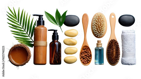 Fototapeta Spa Essentials: A collection of spa products including wooden brushes, essential oils, and natural stones offers a calming visual experience, depicting elements of beauty and wellness.