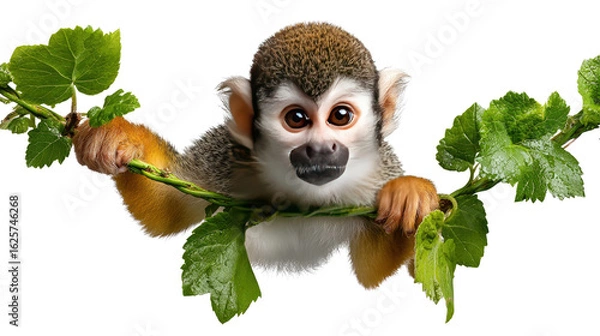Fototapeta Playful Squirrel Monkey: Capturing the playful spirit of a squirrel monkey, a vibrant image presents the primate perched on a leafy branch.