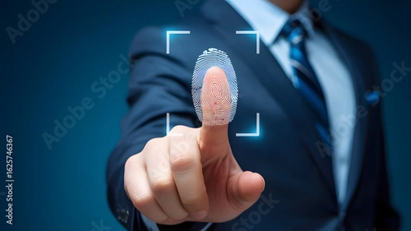 Fototapeta Professional businessman activating advanced fingerprint biometric security for secure access and identity verification in a modern digital world