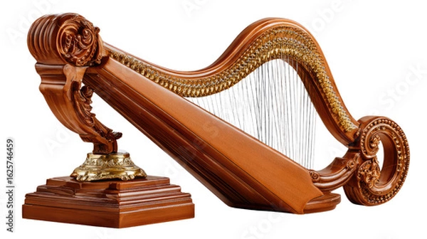Fototapeta Musical Reverie: This image of a detailed harp, with a golden inlay of a sophisticated form, stands out. It evokes classical elegance and harmonious expression.