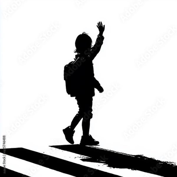 Fototapeta Silhouette of elementary school student waving while crossing pedestrian crossing