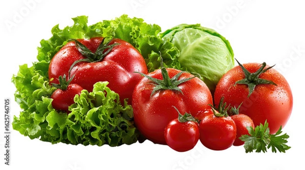 Fototapeta Vibrant Freshness: An eye-level shot of succulent, ripe tomatoes and crisp lettuce, accompanied by a healthy cabbage, creating a captivating composition of vivid colors and textures.