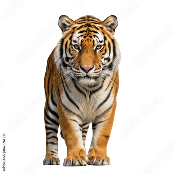 Fototapeta A powerful bengal tiger stands facing forward, showcasing its striking orange and black stripes and piercing eyes. Ideal for wildlife, nature, or animal conservation themes.