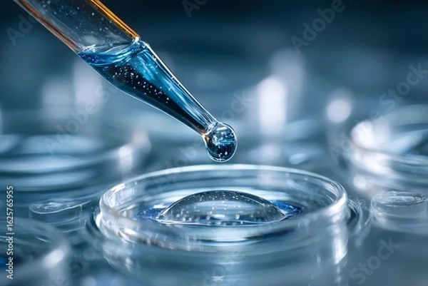 Obraz Clear blue liquid drop from pipette into petri dish.