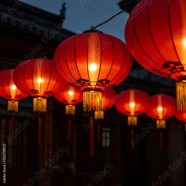 Fototapeta Close-up of Red Chinese Lanterns in Traditional Courtyard at Dusk
