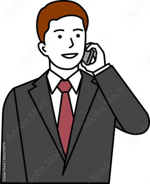 Fototapeta メガネ無し、グレースーツ、スマホで電話する男性