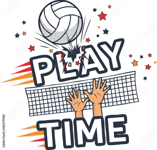 Fototapeta A dynamic cartoon illustration of a volleyball smashing the word PLAY above a net and hands.