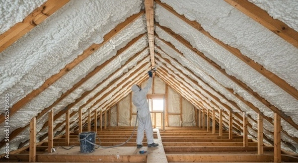 Fototapeta Attic Insulation: Spray Foam Installation for Energy Efficiency - Energy efficient home improvement, spray foam insulation, attic renovation, thermal barrier, professional insulation application