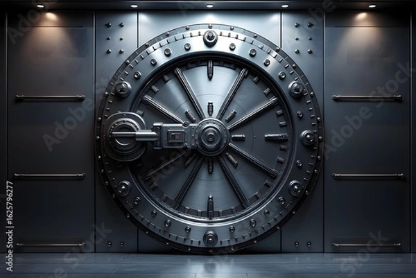 Fototapeta Massive circular vault door with metal spokes and locking mechanism