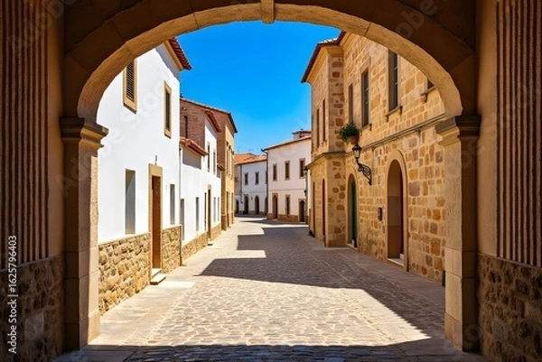Fototapeta Sunlit cobblestone street framed by stone archway narrow street