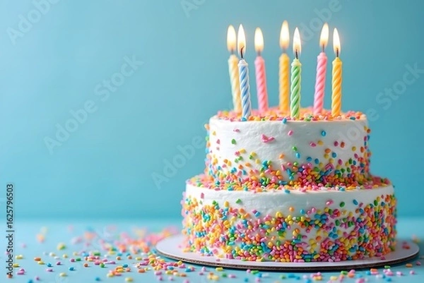 Fototapeta Two tiered white birthday cake with colorful sprinkles and lit candles