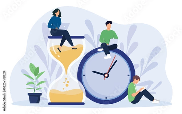Obraz Time management and business planning concept. Tiny people work near huge hourglass and alarm clock. Team working together with laptops. Time is money. Vector illustration.