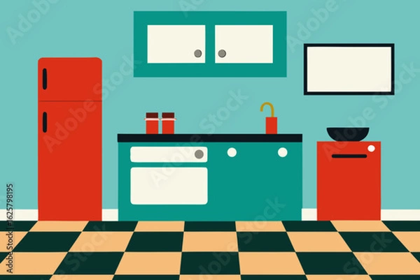 Obraz Vintage Kitchen With Checkered Floor And Retro Appliances
