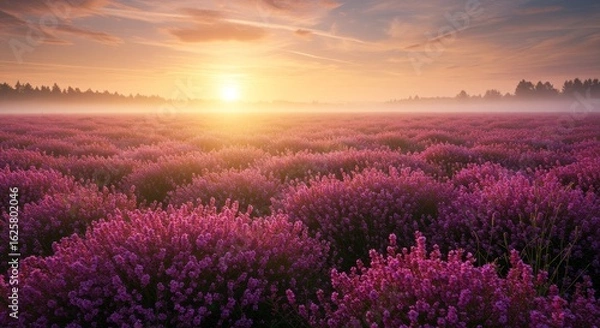 Fototapeta Serene Sunrise Over Lavender Field - Majestic sunrise paints a tranquil lavender field with warm golden light, creating a peaceful and picturesque scene