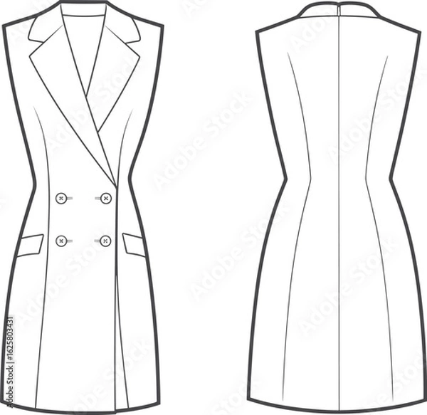 Fototapeta CAD drawing flat vector illustration, garments dress, sleeveless blazer dress front and back, fashion design template, sewing pattern sketch.