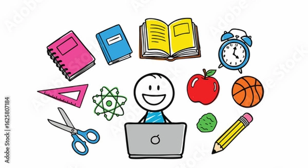 Fototapeta Cartoon stick figure working on a laptop surrounded by school supplies in a doodle style. This illustration conveys concepts of education, learning, and digital literacy