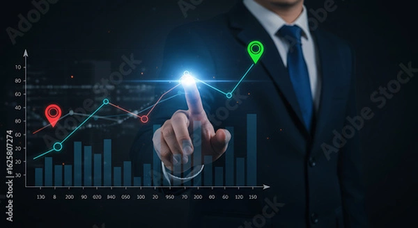 Fototapeta Businessman in suit interacting with a digital graph showing financial growth and success with a touch of his finger.