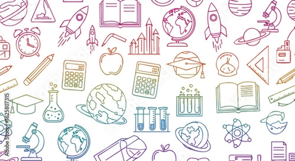 Fototapeta Colorful seamless pattern featuring school supplies and science doodles. This vector illustration includes various elements such as pencils, calculators, globes, books, and science equipment