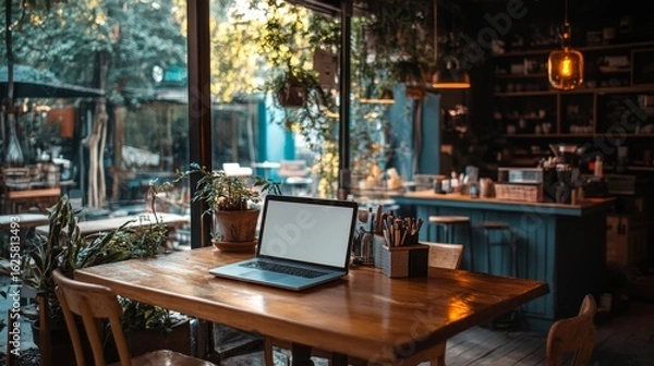 Fototapeta A laptop with a blank screen sits on a wooden table in a cafe. Use this image to add your own text or design. It includes paths to easily change the background and screen.
