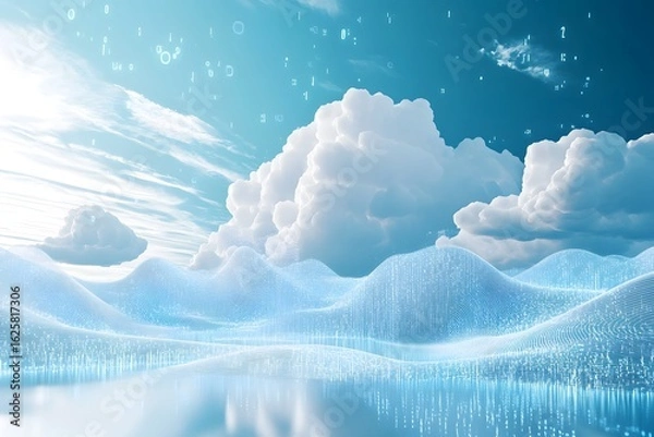 Fototapeta data clouds drifting above geometric landscapes, binary code flowing like water, clean digital concept 
