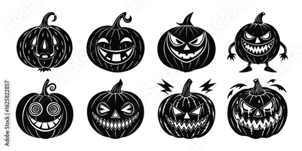 Obraz Creepy & Funny Pumpkin Faces Silhouette Set for Halloween Vector Illustration.