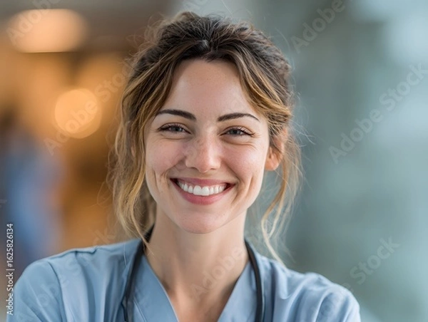 Fototapeta A friendly female healthcare worker in blue scrubs with a stethoscope smiles at the viewer.