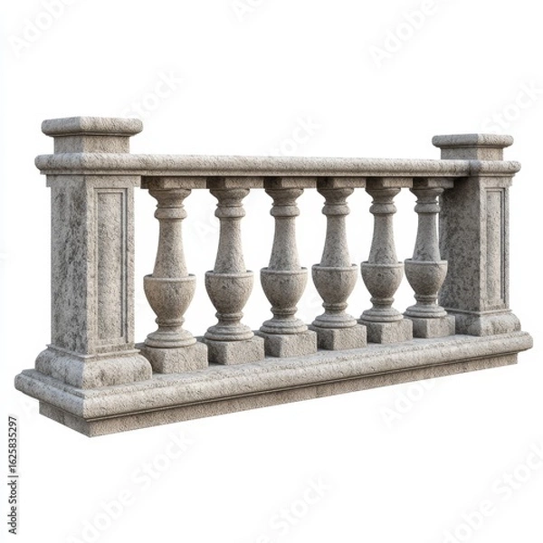 Fototapeta A stone railing with pillars, like you'd see on a palace or balcony. It's a decorative architectural piece, shown as a simple image on a white background.
