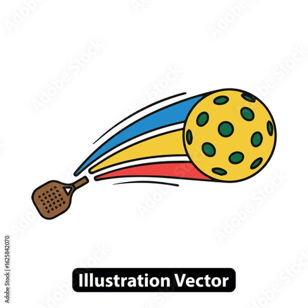 Fototapeta Dynamic pickleball sport illustration of a paddle hitting a yellow ball with colorful motion trails.